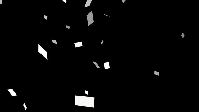White paper documents falling from above overlay, flying sheets of white paper. Blank paper sheets falling down with luma matte, paper sheets flying and explosion effect.
