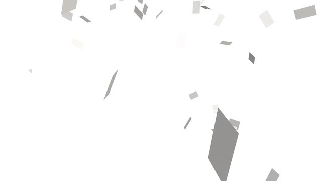 White paper documents falling from above overlay, white background. flying sheets of white paper. Blank paper sheets falling down with luma matte, paper sheets flying and explosion effect.