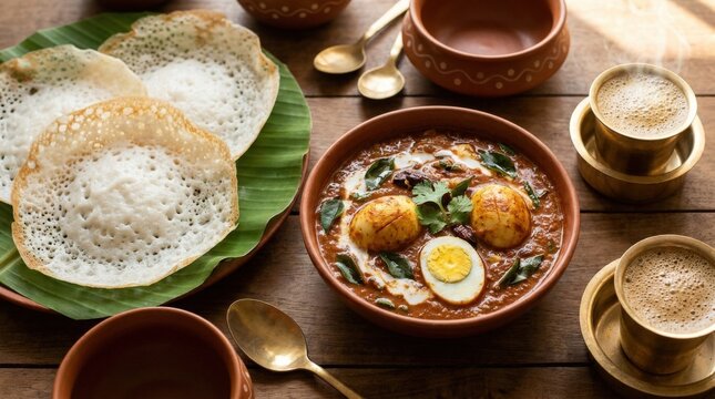 Kerala Appam with Egg Curry Authentic South Indian Breakfast, authentic Indian food concept for restaurant menus, regional cuisine branding and appetizing culinary advertising with rich traditional