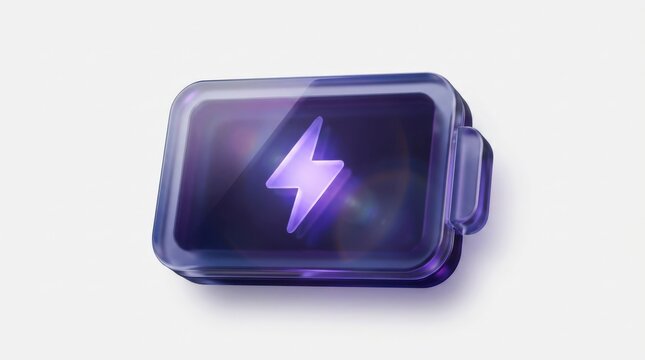 glassmorphism battery charging icon in violet, sleek glassmorphism object for app UI, fintech, security, cloud tools and digital branding, isolated on white background, glossy form, minimal commercial