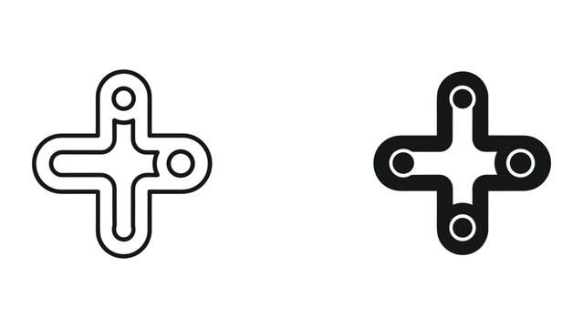 Black and white plus shape icons with circles on a white background