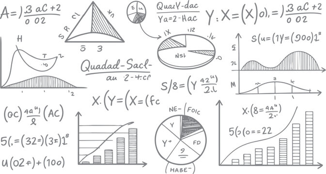 Hand drawn mathematical equations graphs and charts on white background mathematics formula