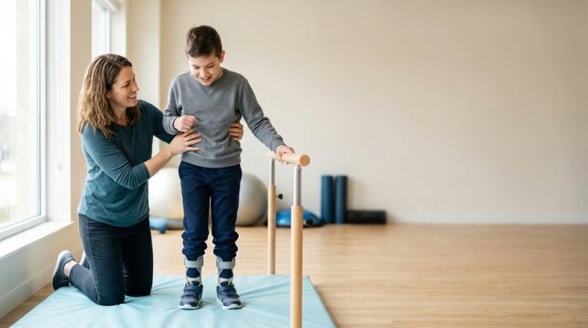 Woman therapist guiding young boy with leg braces on parallel bars during walking exercise. Pediatric physical therapy session in rehabilitation