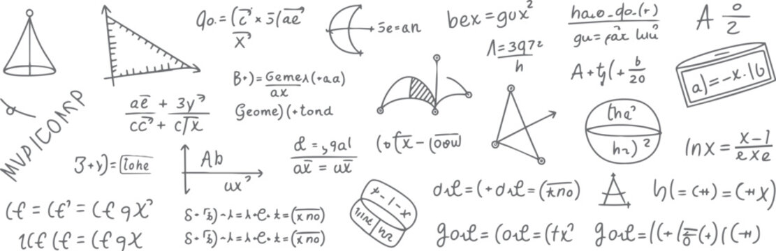 Hand drawn mathematical formulas geometric shapes and scientific diagrams on a white background mathematics