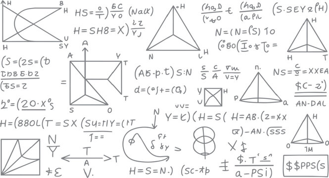 Hand drawn mathematical equations and geometric shapes on white background with grey lines mathematics
