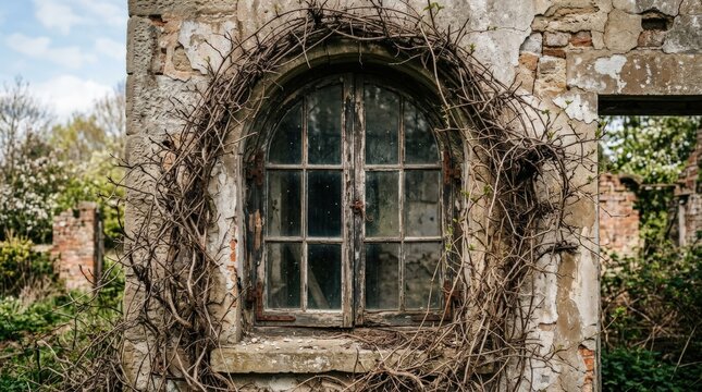 Old window framed by dense dry vines on an abandoned house facade in spring sunlight, weathered architecture detail showing neglect, decay and seasonal contrast, strong visual for urban history or
