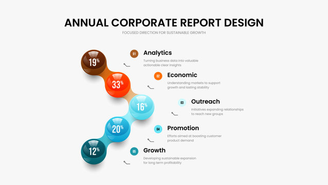Company Portfolio 5 Option Diagram Slide Design. Modern Growth Frame Template Vector Illustration. Consulting Solution Five Element Infographic Slideshow Layout.