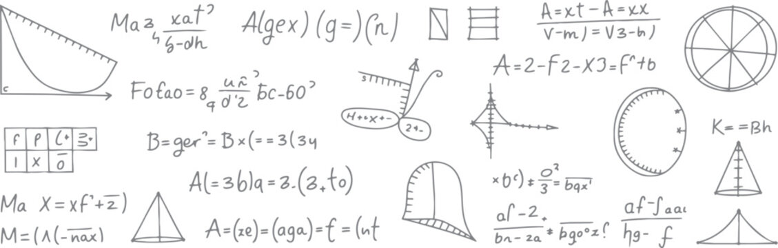 Hand drawn mathematical formulas equations graphs geometric shapes and symbols on white background mathematics
