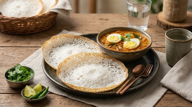 Kerala Appam with Egg Curry Authentic South Indian Breakfast food shot, clean commercial concept scene with modern styling, clean composition and polished visual appeal, soft light, realistic texture,