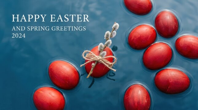 Red Easter eggs float on blue background, one egg holds pussy willow with twine for minimal spring holiday greeting layout, minimal spring holiday layout, festive greeting design, seasonal copy space,