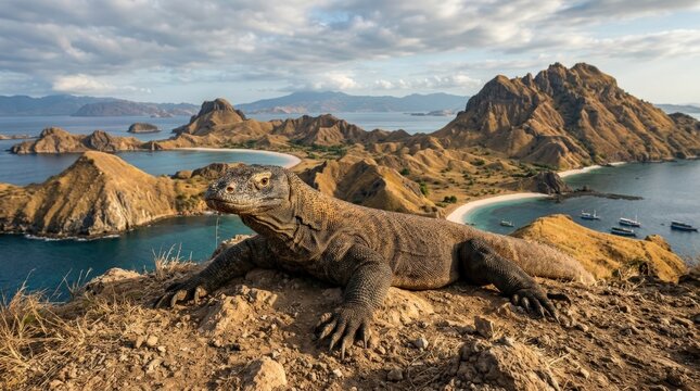Komodo dragon resting on Padar Island at Komodo National Park, dramatic wildlife portrait with prehistoric presence and dry island landscape, strong commercial value for animal, tourism and