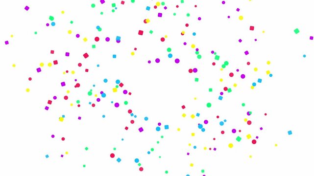 Confetti explosion with multi-colored circular and square pieces bursting from the center of a clean white background for festive designs