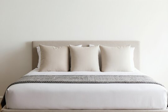 Neutral toned bed with patterned runner and soft light. Clean white linens and beige pillows offer calm repose. Minimalist bedroom interior design for peaceful rest.