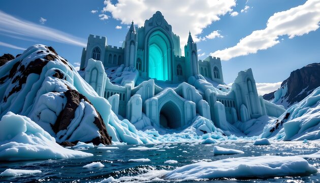 The image depicts an expansive, majestic ice palace situated on a frozen landscape surrounded by snow covered mountains
