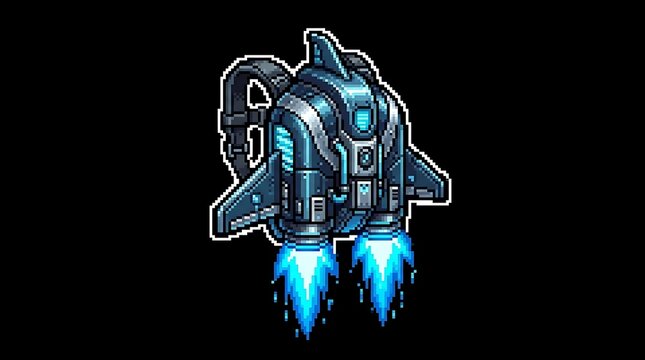 Detailed pixel art jetpack featuring bright blue flames and metallic mechanical parts