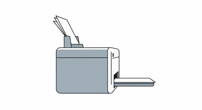 Stylized illustration of a gray office printer with paper input and output trays