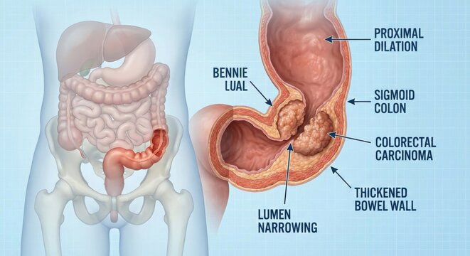 comprehensive medical illustration depicting colorectal carcinoma, highlighting the tumor, narrowing of the lumen, and proximal dilation within the sigmoid colon and surrounding bowel wall.