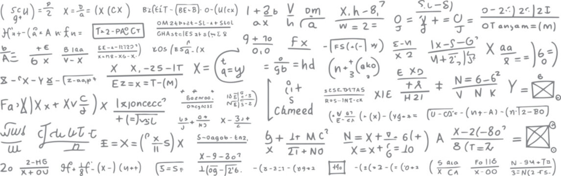 Handwritten mathematical equations and formulas scattered across a white background with a gray sketched style