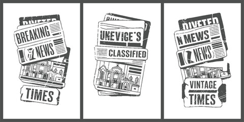 Obraz premium Three vintage newspaper stacks with headlines breaking news classified and vintage times and architectural