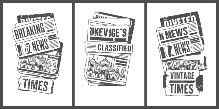 Three vintage newspaper stacks with headlines breaking news classified and vintage times and architectural