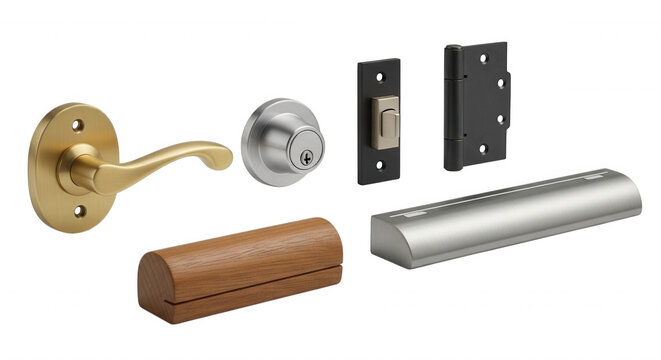 A collection of door hardware including a brass lever handle, a silver deadbolt, a black hinge, a wooden door pull, and a brushed metal push