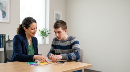 Fototapeta premium Woman and man examining colorful educational cards on wooden table. Therapy session for children with special needs. Autism spectrum disorder support and rehabilitation