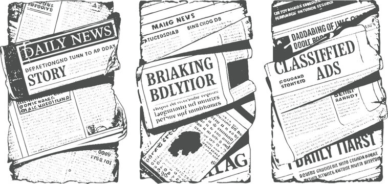 Stacked vintage newspapers with headlines and text in grayscale black