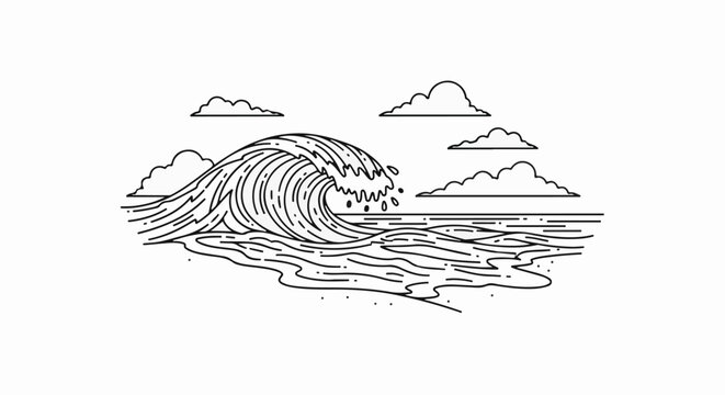 Stylized line art depicts a breaking ocean wave against a backdrop of clouds
