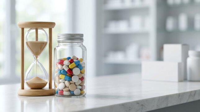 Jar full of colorful pills next to wooden hourglass on pharmacy counter. Time and medication concept for healthcare routine and treatment duration management.