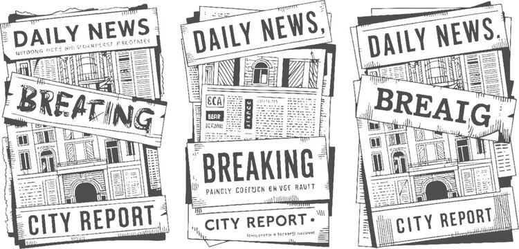 Three overlapping newspaper stacks featuring headlines like daily news breaking and city report in a sketchy monochrome style