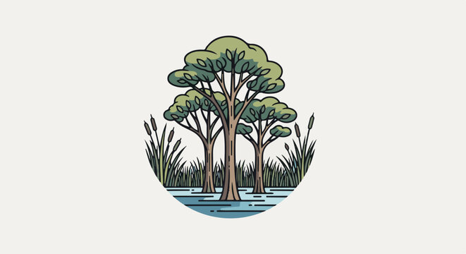 Stylized illustration of a swampy wetland with trees and cattails
