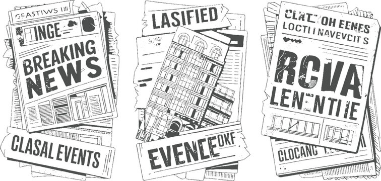 Stack of newspapers with headlines breaking news classified events and building in monochrome