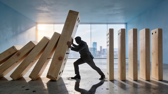 Businessman stopping falling giant dominoes in modern office with city skyline symbolizing risk management crisis prevention financial stability corporate resilience and strategic