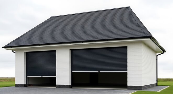 Modern garage with two automatic roller doors white exterior walls and dark grey roof architectural exterior for vehicle storage or workshop
