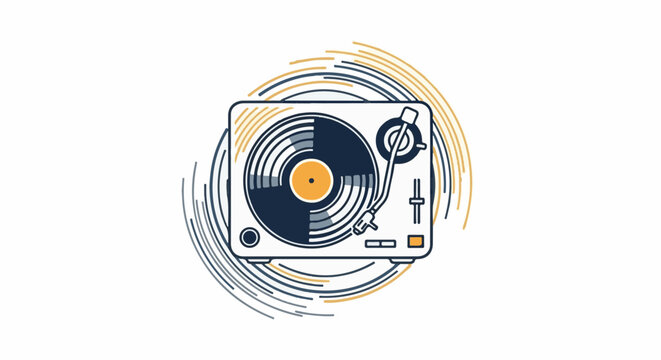 Stylized illustration of a turntable with spinning record and sound waves