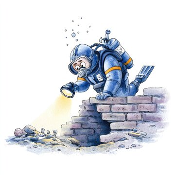 Watercolor cartoon of marine archaeologist exploring underwater ruins with flashlight in search of ancient artifacts on white background