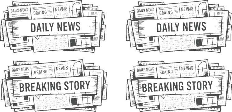 Four stacks of newspapers with headlines daily news and breaking story in a style