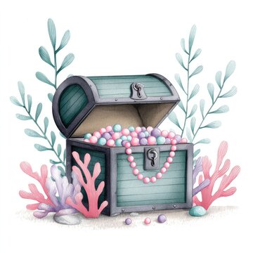 Watercolor cartoon treasure chest clipart with pearls for nautical design on white background