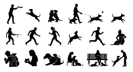 Naklejka premium Black silhouette icons of people and dogs.