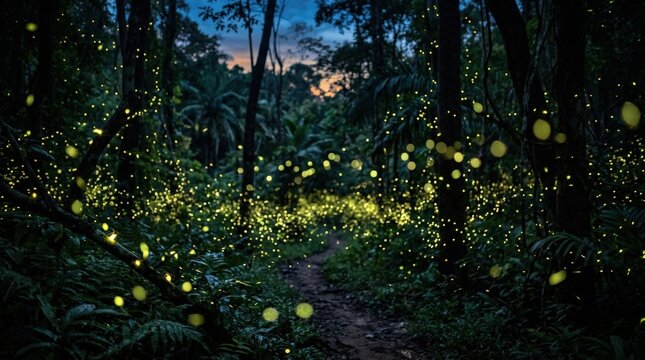 Bokeh lights of fireflies in a forest at dusk in Thailand, magical nature background with glowing points of light, dreamy tropical woodland atmosphere, rich depth, polished photoreal finish, no logos