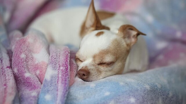 Small chihuahua dog sleeping on a soft blanket with pastel colors and patterns.
