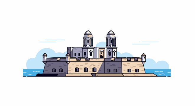 Stylized fortress with twin towers and battlements on the sea