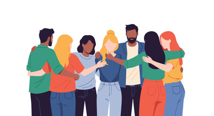Obraz premium Diverse group of people stands together in a unified circle while showing solidarity and mutual support for each other.