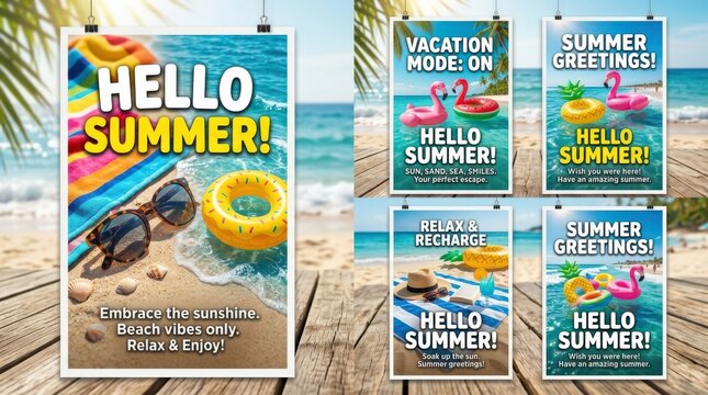 Summer greeting poster set design. Hello summer text with floaters and sunglasses beach vacation elements. summer greeting postcard collection, modern summer design, seasonal promotion, bold color