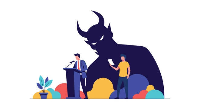 Public speaker faces internal fears represented by a large monster shadow while delivering a speech at a podium.