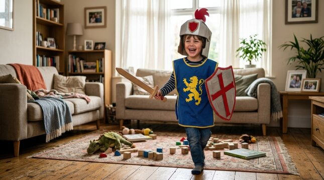 Funny child pretending to be a knight, happy kid having fun at home, playful imagination, costume adventure and joyful family lifestyle in a cozy indoor setting, soft natural light, realistic detail,