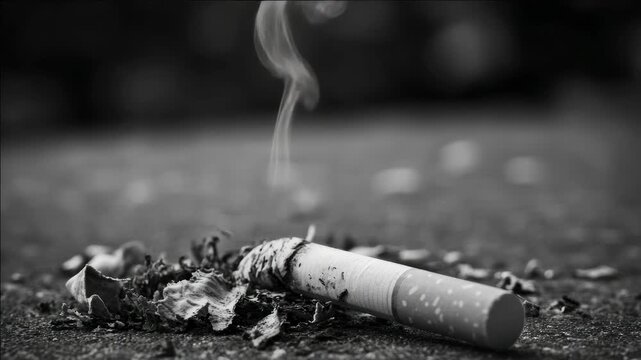 A pile of discarded cigarette butts lying on a concrete surface with smoke rising from one end.