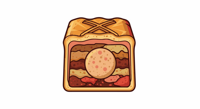 Stylized cross-hatched pastry top on a layered meat pie