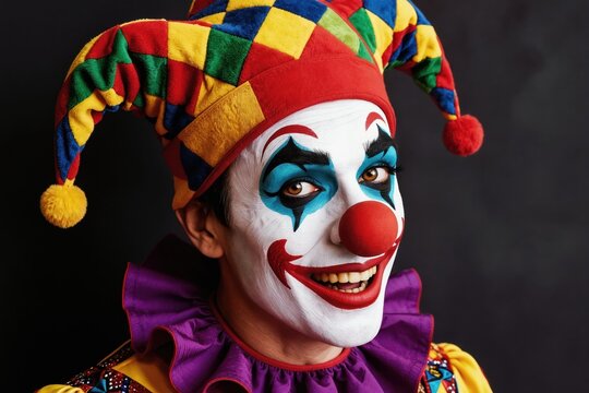 Man wears colorful jester hat and face paint. Actor smiles with clown makeup. Performer in theatrical costume for circus show. Entertainer poses on black background.