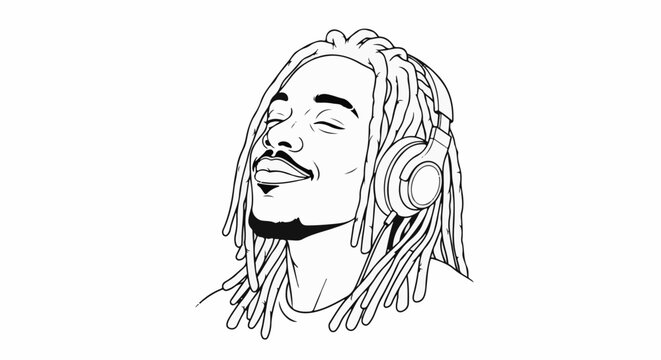 Stylized line art of a man with dreadlocks wearing headphones